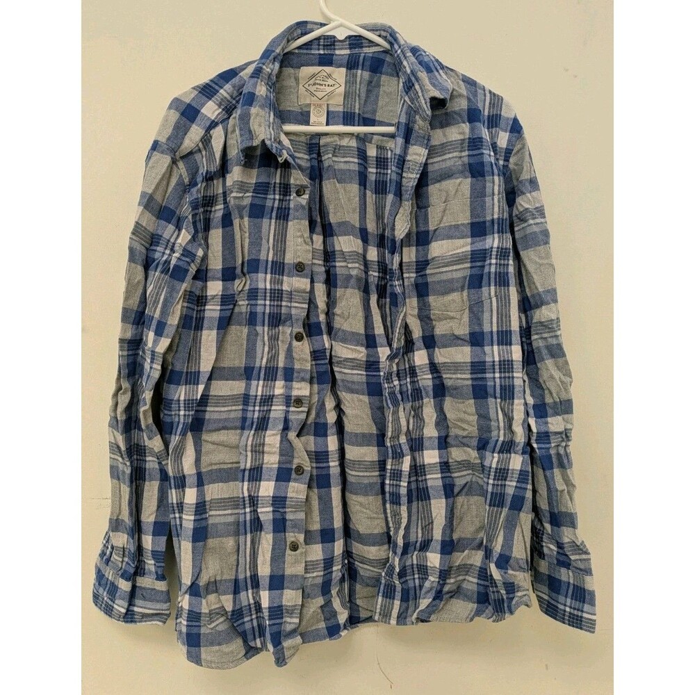 St. John's Bay L Flannel Shirt Blue Gray Plaid Long Sleeve Button-Up NWOT